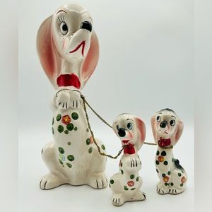 Vintage Lipper & Mann Japan Chained Ceramic Mother Hound Dog And Two Puppies
